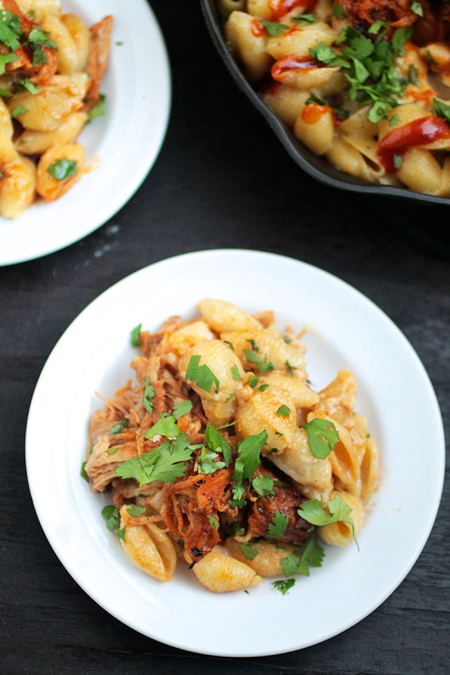 Barbecue pulled pork white cheddar mac & cheese